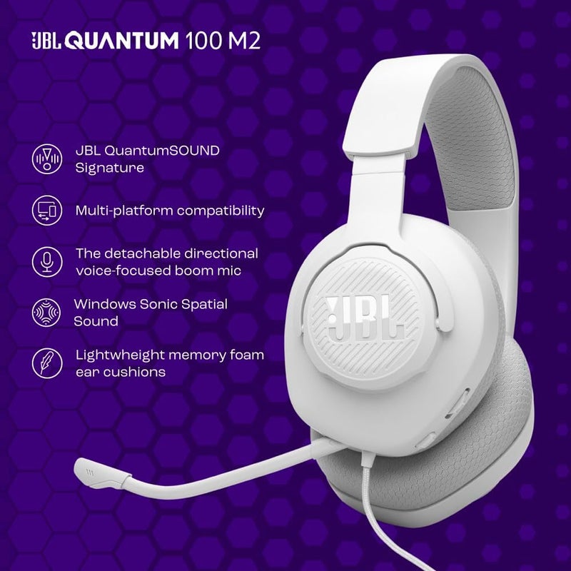 JBL Quantum 100M2 - Wired Over-Ear Gaming Headset with omnidirectional, Detachable mic with Mute Option and Fabric-Covered Memory Foam Ear Cushions, Compatible with All Platforms (White) - Image 5